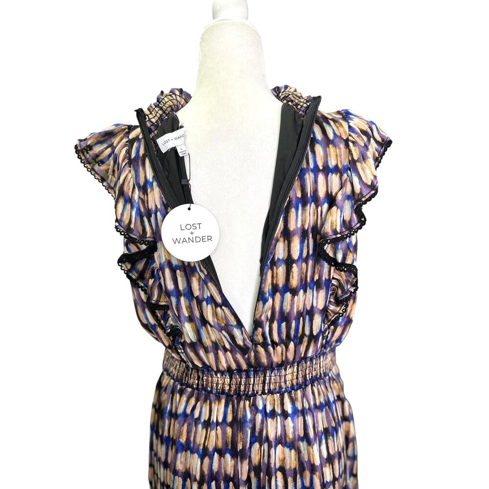 Lost + Wander Love Story Smocked Ruffle Purple Black Satin Maxi Dress Large NWT - Picture 8 of 10